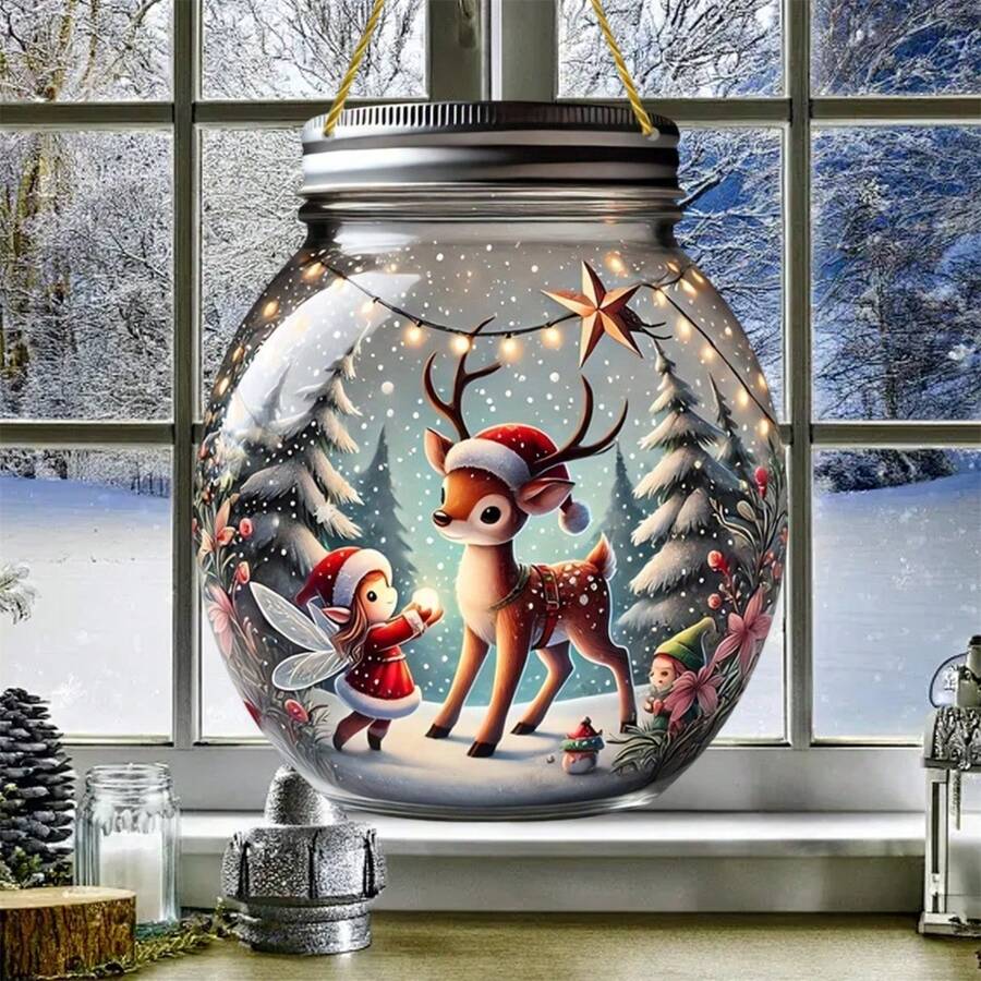 Christmas Ornament 2D Acrylic Deer Jar Hanging Decorations For Tree Wall Door Holiday Party Supplies