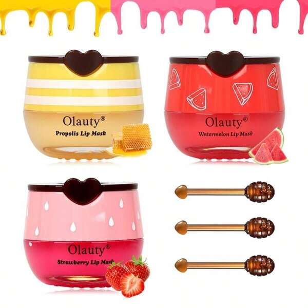 3 PCS Bee Lip Balm Lip Mask Honey Pot,Strawberry&Amp;Honey&Amp;Watermelon Lip Sleeping Mask,Hydrating Prevention Dry Lip Care,Moisturizing Lip Mask Overnight Reduces Lip Lines