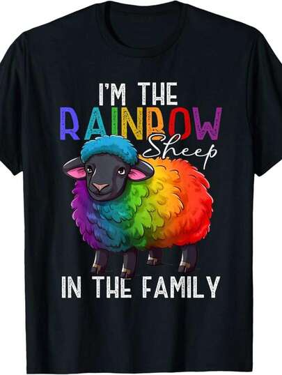 Pride Shirt - Gay Pride Rainbow 100% Cotton 180g I'm The Rainbow Sheep In The Family T-Shirt - Machine Washable, Short Sleeve, Crew Neck