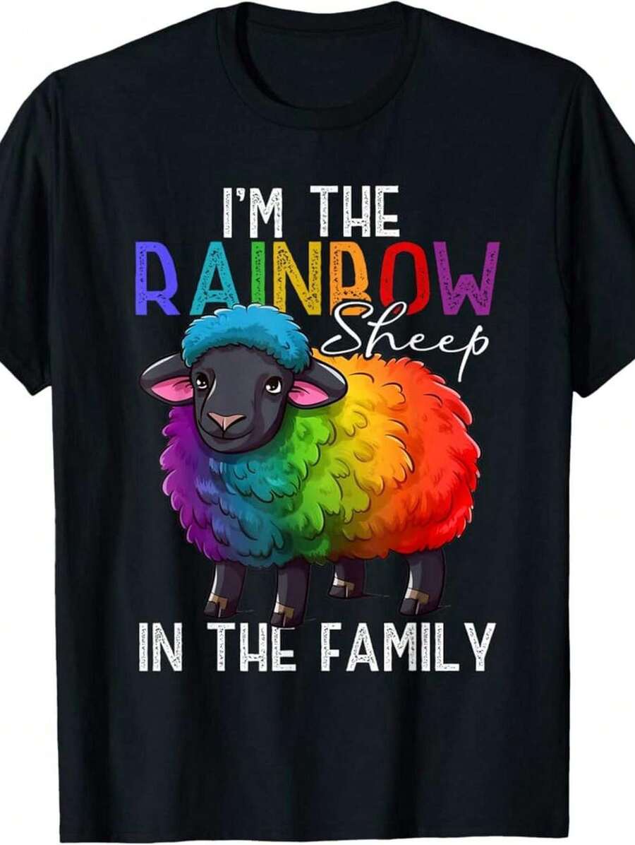 Pride Shirt - Gay Pride Rainbow 100% Cotton 180g I'm The Rainbow Sheep In The Family T-Shirt - Machine Washable, Short Sleeve, Crew Neck - 黑色 - 查看 1