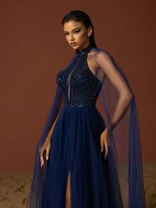 VIPGIRL 挂脖网眼拼布开衩优雅晚礼服 - 藏蓝色 - 查看 1