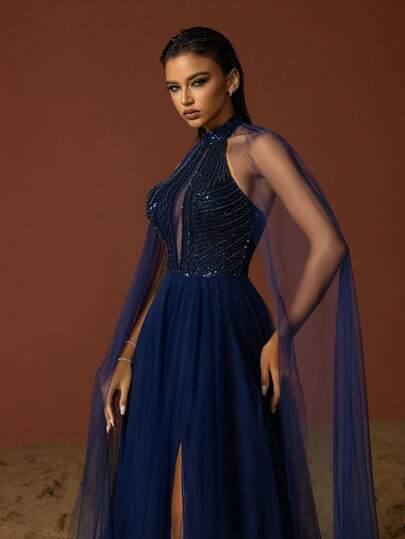  Vestido de noche elegante con cuello de halter, parches de malla y abertura de VIPGIRL