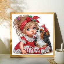 DIY 钻石画套装 - 卡通女孩和小狗，采用独特形状的钻石，是家居、客厅、卧室的完美装饰礼物