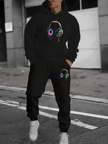 Men's Autumn Winter 2-Piece Tracksuit Polyester Hoodie + Joggers Set Casual Daily Wear Running Gym Workout Lounge Outdoor Sports Warm Comfortable - 黑色 - 查看 1