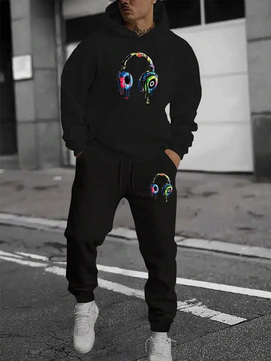 Men's Autumn Winter 2-Piece Tracksuit Polyester Hoodie + Joggers Set Casual Daily Wear Running Gym Workout Lounge Outdoor Sports Warm Comfortable - 黑色 - 查看 1