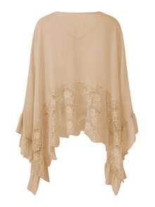 Womens Y2K Lace Patchwork Frill Poncho Tops Solid Color See Through Batwing Sleeve V Neck Ruffle Hem Loose Fit Sheer Mesh T Shirts Blouses Boho Peplum Shawl Shirts Summer Going Out Tops Beach Cover Up Vacation Streetwear - 淺灰色 - 查看 6