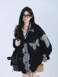 Áo khoác cardigan dệt kim dáng rộng phong cách retro đường phố dành cho nữ, áo len casual phối màu dáng rộng màu đen. - màu đen - Xem 1