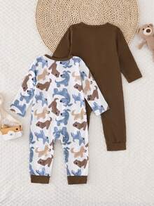 两件套男婴秋冬套装 - 长袖圆领可爱小狗卡通印花休闲连体衣，适合户外活动穿着