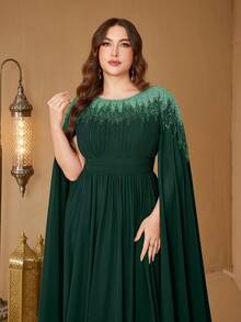 Đầm dạ hội thanh lịch dáng ôm bằng chiffon, cổ đứng, tay áo choàng, đính sequin của SUPGIR dành cho nữ cỡ lớn. - Màu xanh lá cây đậm - Xem 6