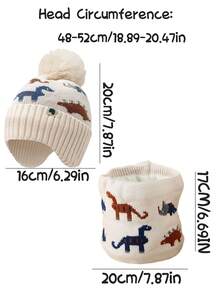 2 件恐龙冬季儿童针织帽，男孩女孩保暖内衬无檐小便帽围巾套装，厚针织绒球帽和颈部保暖围巾套装