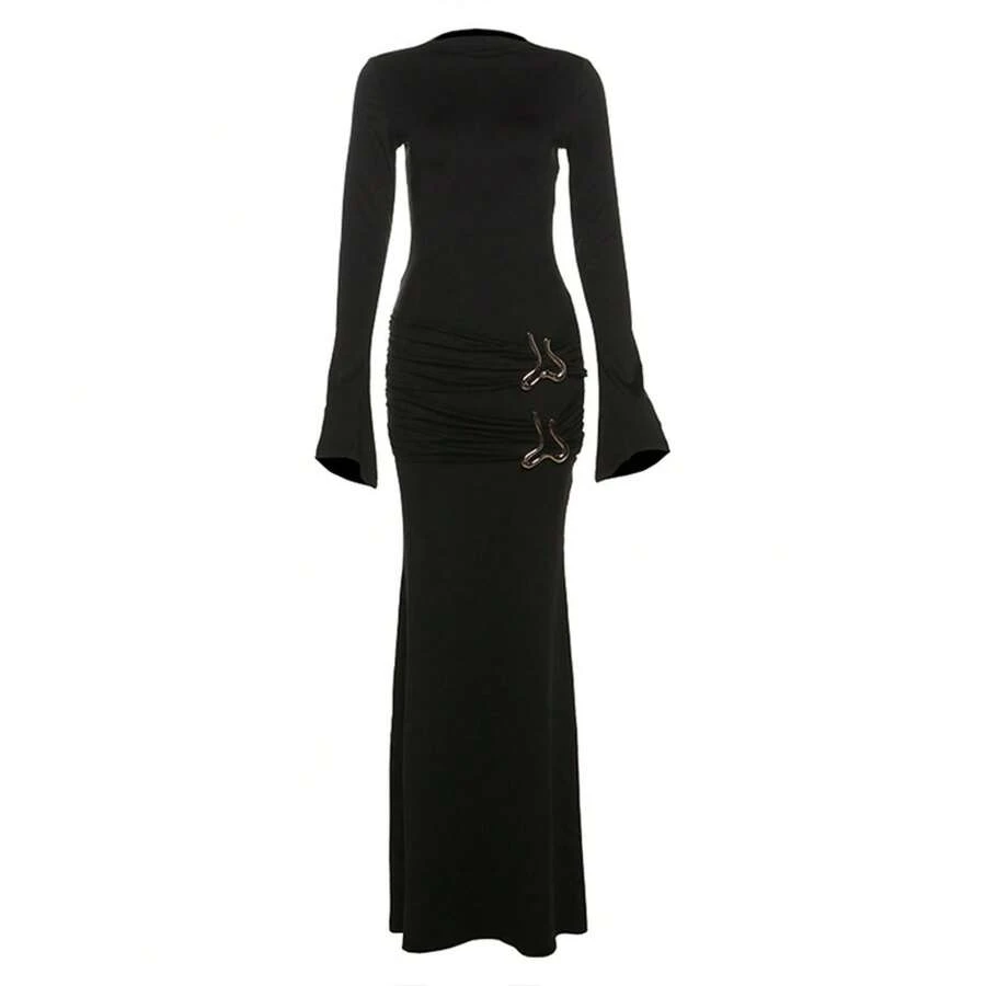 European And American Women's Fashion Autumn Winter New Style Personality Metal Decoration Round Neck Elegant Slim Fit Long Sleeve Dress - 黑色R24D57748 - 查看 1