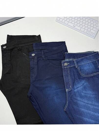 Kit 3 Calças Denim Sarja com Elastano Masculina Modelagem Reta Casual Confortável Básica
