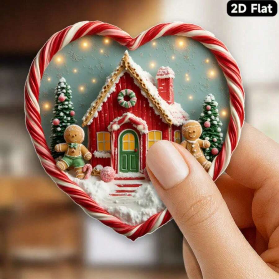 1/2 piezas, Imán navideño con forma de corazón, muñeco de jengibre estilo cabaña festiva, bastón de caramelo con acebo, flores en maceta y cinta con "Feliz Navidad", decoración acrílica para refrigerador, perfecta para el hogar, decoración de refrigerador, entusiastas de la decoración navideña y regaladores, decoración navideña, 2D