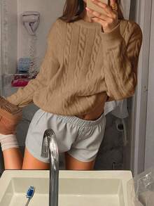 FOR BEAUTY 纯色极简圆领扭结针织长袖毛衣，女士时尚落肩套头衫，新年版 - 暖棕色 - 查看 4