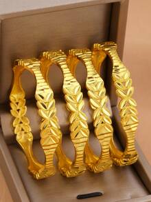 1/3/4pcs Vintage 18K Gold Plated Copper Asymmetrical Hollow Wheat Ear Cuff Bracelet Set, Suitable For Dubai/African Women's Daily, Party, Festival Gift