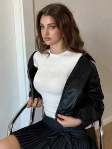 Livesso 1pc Women's Solid Color Front Zipper Long Sleeve Pocket Minimalist PU Leather Jacket,Fall Women Clothes - Black - View 2