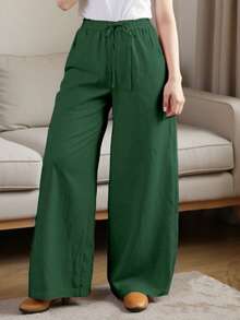 Women's Relaxed Wide Leg Cropped Pants With Pockets, Plus Size Cotton Linen Blend, Lightweight And Breathable, Loose Comfortable Fit, Multiple Color Options, Boho Inspired Style, Simple Versatile Design, Ideal For Everyday Wear, City Walks, Travel Vacations, Work Commute, Back To School Outfits, Casual Date Looks, And Valentine's Day Outfits - 軍綠色 - 查看 1