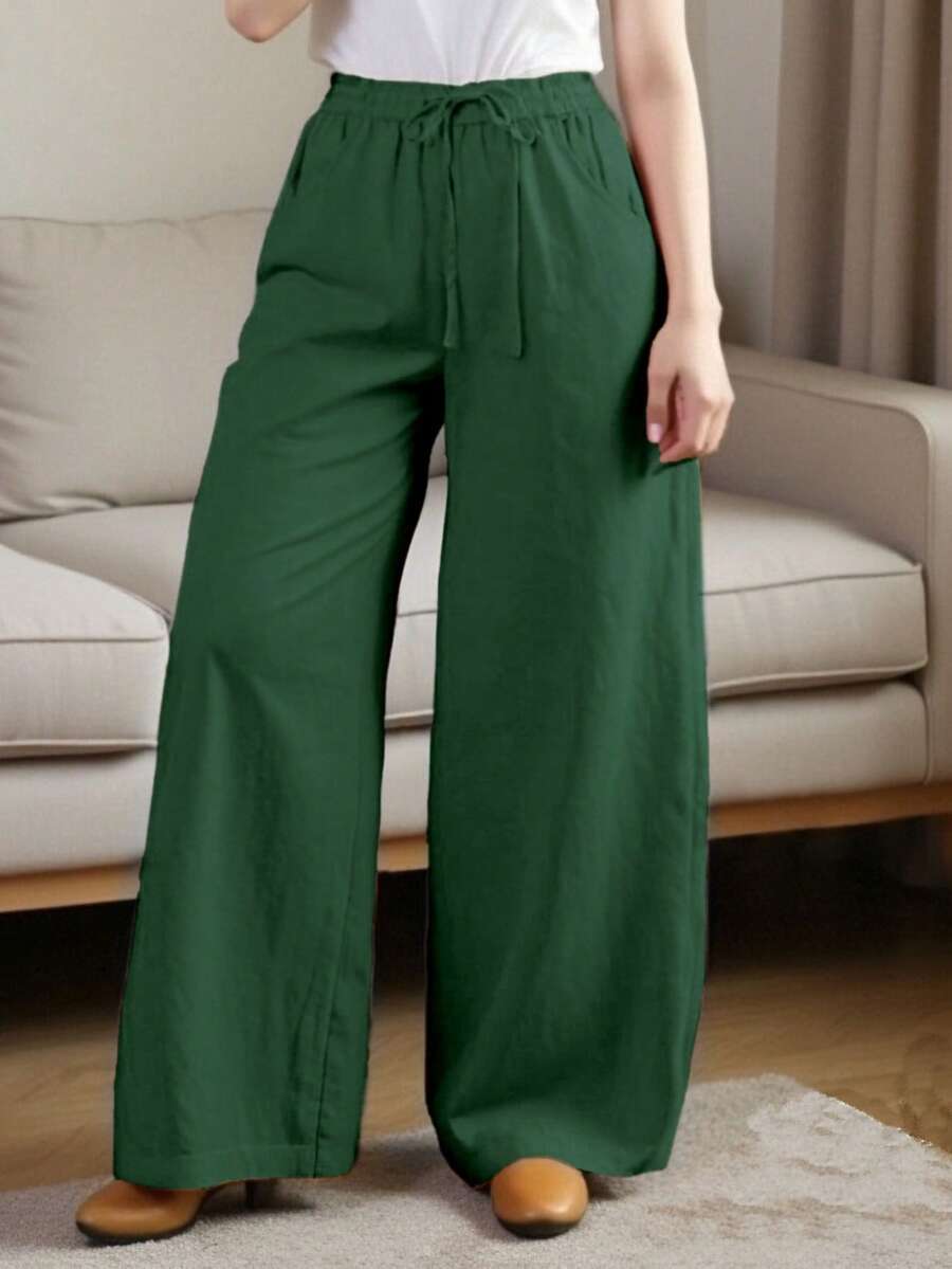 Women's Relaxed Wide Leg Cropped Pants With Pockets, Plus Size Cotton Linen Blend, Lightweight And Breathable, Loose Comfortable Fit, Multiple Color Options, Boho Inspired Style, Simple Versatile Design, Ideal For Everyday Wear, City Walks, Travel Vacations, Work Commute, Back To School Outfits, Casual Date Looks, And Valentine's Day Outfits - 軍綠色 - 查看 1
