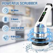 Cepillo Electrico para Baño Limpieza,[IPX7 Resistente al Agua] Cepillo Giratorio para Baño sin con 9 Cabezas de Cepillo Reemplazables,extensible ajustable para baño, cocina, coche, etc. - 1 - Ver 8