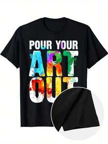 Camiseta negra de cuello redondo para mujer: camiseta de manga corta de algodón de 180 g con estampado gráfico colorido "Pour Your Art Out", prenda informal y elegante para expresarse artísticamente y para uso diario. - Negro - Ver 2