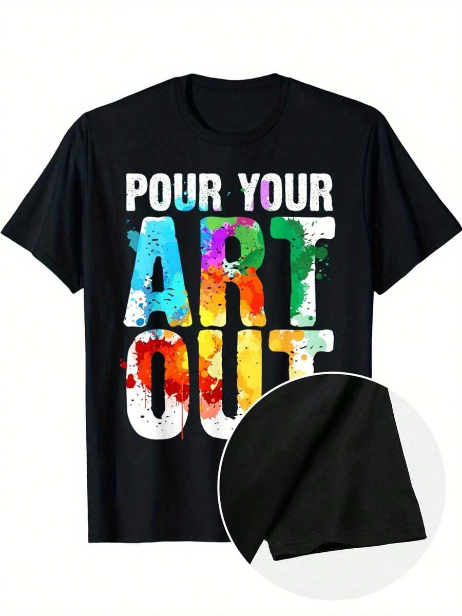 Camiseta negra de cuello redondo para mujer: camiseta de manga corta de algodón de 180 g con estampado gráfico colorido "Pour Your Art Out", prenda informal y elegante para expresarse artísticamente y para uso diario.