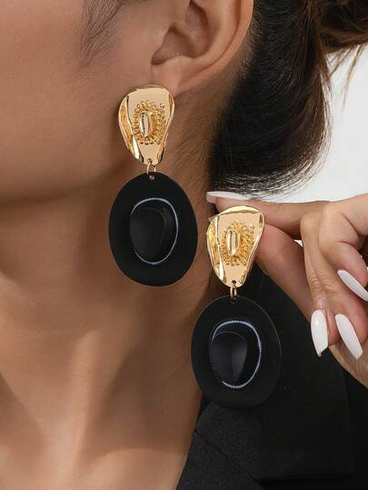 1 对西部牛仔风格金色和黑色牛仔帽设计夸张耳环女士时尚配饰