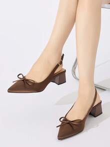 女士尖头露跟高跟鞋，带蝴蝶结装饰，舒适的粗跟正装鞋，适合优雅的日常通勤、派对、正式场合，适合秋冬季，咖啡棕色缎面，优雅 - 咖啡棕 - 查看 3