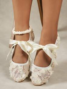 秋冬女士优雅蝴蝶结网眼蕾丝平底鞋，带 3D 玫瑰花，镂空透气玛丽珍芭蕾乐福鞋，适合婚礼和日常穿着 - 米色 - 查看 3