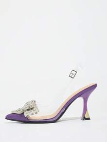 Women's Rhinestone Bow Decor Pointed Toe Closed Toe Slingback High Heel Shoes, Elegant & Comfortable Slingback Transparent Shoes, Glamorous For Evening Party, Heel, Fall, Autumn, Wedding, Formal Occasions, Suitable For Autumn/Winter, Purple PVC High Heels, Elegant - Purple - View 7
