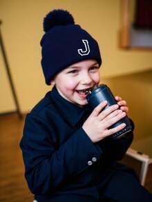 1pc Kids 26 Alphabet Print Knitted Hat, Warm Winter Daily Wear For Baby Girls - Navy Blue - View 4