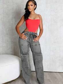 Women's Denim Straight-Leg Pants, Autumn And Winter Women's Clothing Fashion Washed Button-Patch High-Waisted Trousers - Xám - Xem 1