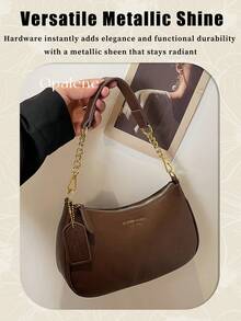 Retro Solid Color Shoulder Crossbody Bag For Women Crescent Pebbled Leather Office Purse Metal Chain Armpit Handbag For Commuting Travel Essentials - Coffee Brown - View 3