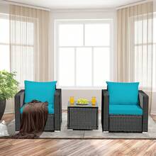 3PCS Patio Rattan Wicker Furniture Set Sofa Table W/Cushion Turquoise - 預設 - 查看 6