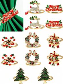 6-12pcs/Set Mixed Christmas Letter, Deer, Candy Cane, Wreath, Bell, Christmas Tree Napkin Rings, Holiday Tabletop Decorations