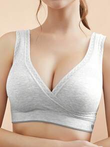 1件装浅灰色蕾丝交叉无缝哺乳孕妇文胸 - 淺灰色 - 查看 4