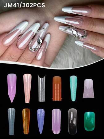 YOKEFELLOW 60/75/302PCS Color Dual Nail Forms For Poly Nail Extension Gel, 12/15 Sizes Coffin Almond Square Oval Russian Almond Shape Dual Toe Nail Forms For DIY Quick Nail Extension Nail Supplies For Nail Art Design Salon At Home