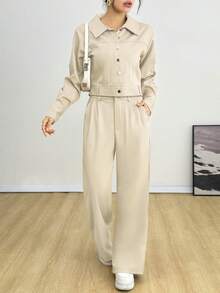 Conjunto de 2 piezas para mujer estilo formal unicolor de moda ligero para uso casual o diario - Beis - Ver 2
