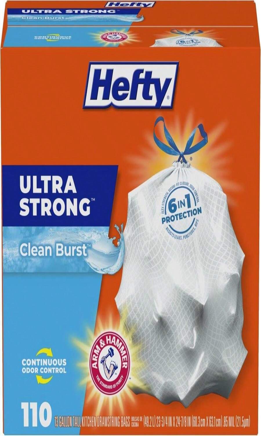Hefty Ultra Strong 13 Gallon Trash Bags, Tall Kitchen Trash Bags 13 Gallon Size, Resist Leaks, Punctures, And Rips, Continuous Odor Control, White, Fabuloso Lemon Scent, 110 Bags - MàuC - Xem 1