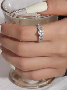 5 件优雅高端奢华闪亮方晶锆石可调节铜戒指套装，适合宴会、派对、婚礼、新娘、女士节日礼物（无礼盒） - 銀色 - 查看 9