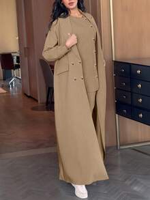 Set 2 bucăți pentru femei, elegant, cu cămașă și pantaloni, culoare solidă, cu crăpături laterale, stil naveta, început de toamnă - Kaki - Vizualizare 7