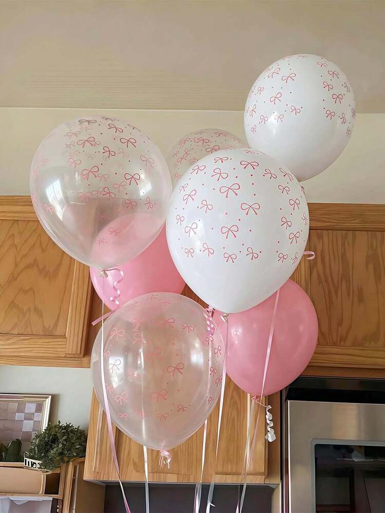 Conjunto de 60 balões de látex com laço rosa, balões de 12 polegadas com estampa de laço branco transparente rosa , decorações de festa de aniversário com tema de borboleta, adequados para aniversários femininos, despedidas de solteira, chá de panela, casamentos, aniversários e decorações de Natal - Rosa - Ver 3