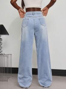 Blue Light Wash Straight Leg Ripped Boyfriend Jeans Daily Casual Outfit For Women Denim Long Pants Street Or School Wear