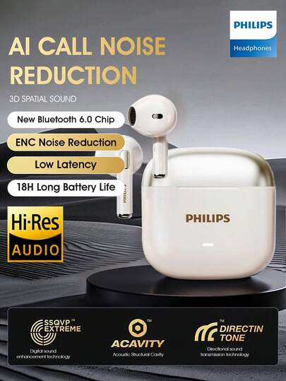 PHILIPS 飞利浦新款蓝牙6.0无线耳机，TAT1420，高保真音质，半入耳式设计，降噪功能，适用于游戏、运动、智能手机、电脑、平板电脑。