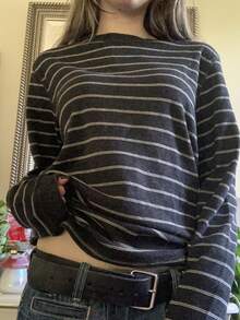 Fall Clothes For Women Y2k Tops Gothic Stripe Print Shirts Long Sleeve Round Neck Tops Casual Loose Fit Pullover Tops Party Club Clothes Fairy Grunge Clothes Streetwear Aesthetic Clothes - Xám - Xem 2