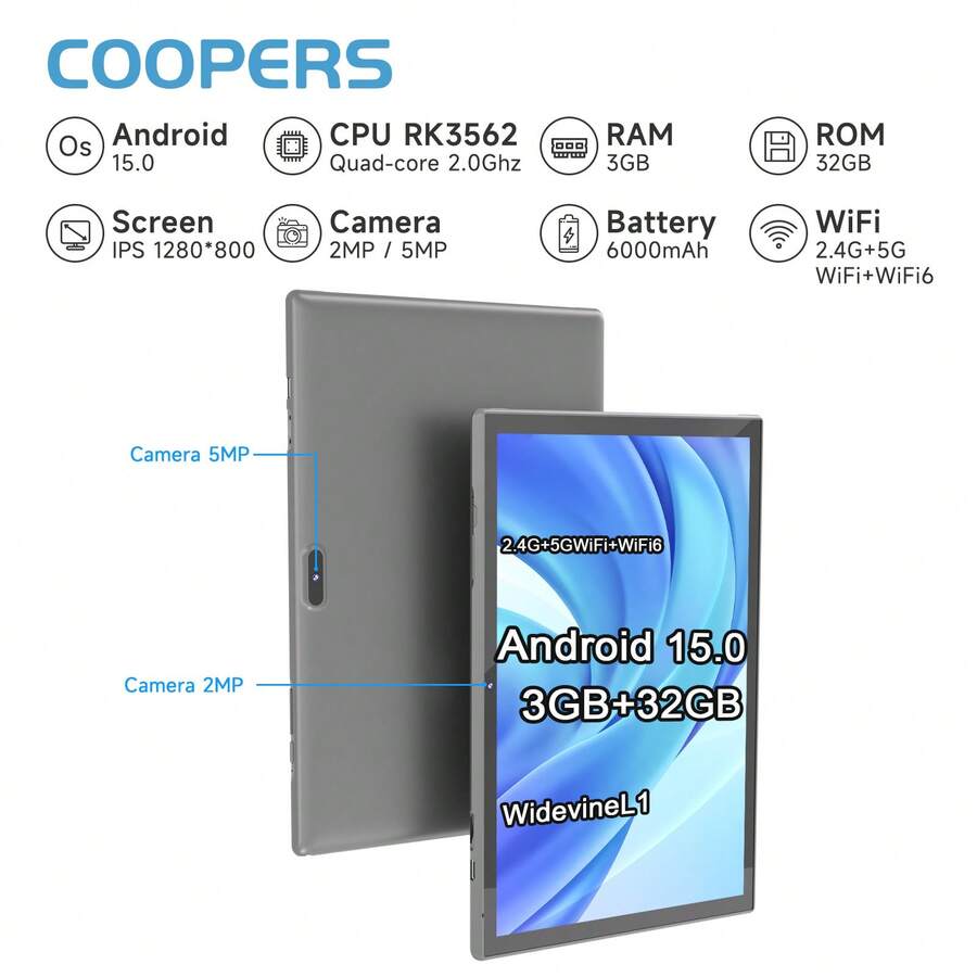 Coopers Android 15 Tablet, 10.1 Inch WIFI Tablet PC, 3GB RAM, 32GB ROM, Support 1TB Expandable, Quad-Core, 2.4G+5G WiFi, Dual Band WiFi6, HD IPS Screen, 2MP + 5MP Dual Camera, 1280 * 800 IPS HD Touch Screen,6000mAh Battery, Support Widevine L1(No Adapter) - Grey - View 1