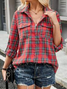 女士法兰绒格子口袋长袖舒适棉混纺衬衫，休闲百搭，适合外出、周末、学院风、通勤等场合。翻领纽扣衬衫，适合秋冬季、圣诞节、新年派对、女士圣诞装扮。 - 紅色 - 查看 7