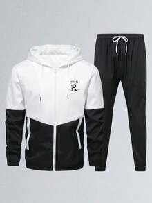 男士撞色运动套装（2件套），带帽印花外套，抽绳腰带，九分裤，适合休闲、户外运动、跑步、露营、徒步、骑行，春秋季穿着。 - 黑色 - 查看 3