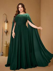 Đầm dạ hội thanh lịch dáng ôm bằng chiffon, cổ đứng, tay áo choàng, đính sequin của SUPGIR dành cho nữ cỡ lớn. - Màu xanh lá cây đậm - Xem 4