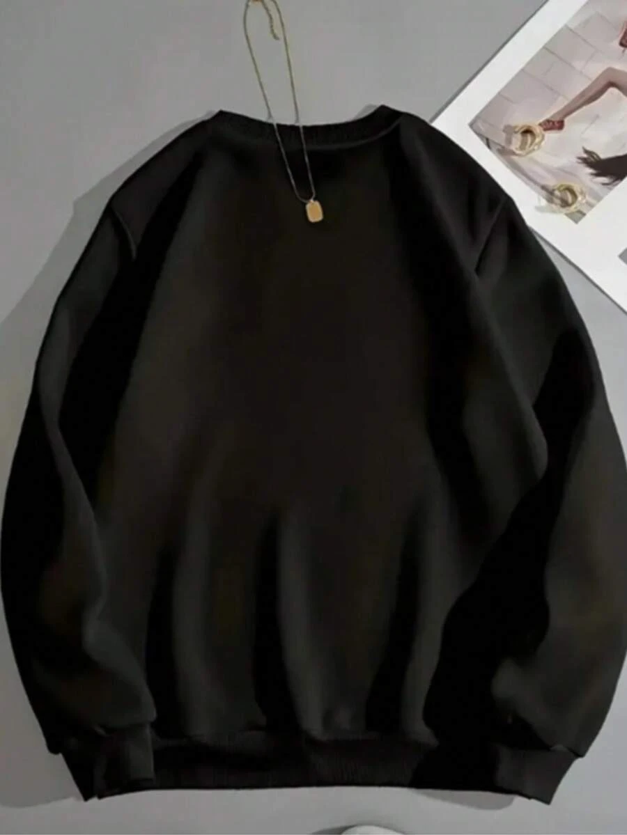 Crew Neck Sweatshirt, Plain Print, Winter Fashion, Old Money Unisex, Women's/Men's - 黑色 - 查看 1