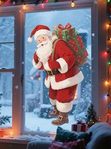 1pc Santa Claus Window Stickers - Static Attachment Christmas Holiday Decorations With Gifts, Residue Free Removable Home Door Glass Stickers - Easy To Apply PVC Christmas Decorations (30.48x40.64cm), Indoor Snowy Winter Scene - Multicolor - View 1